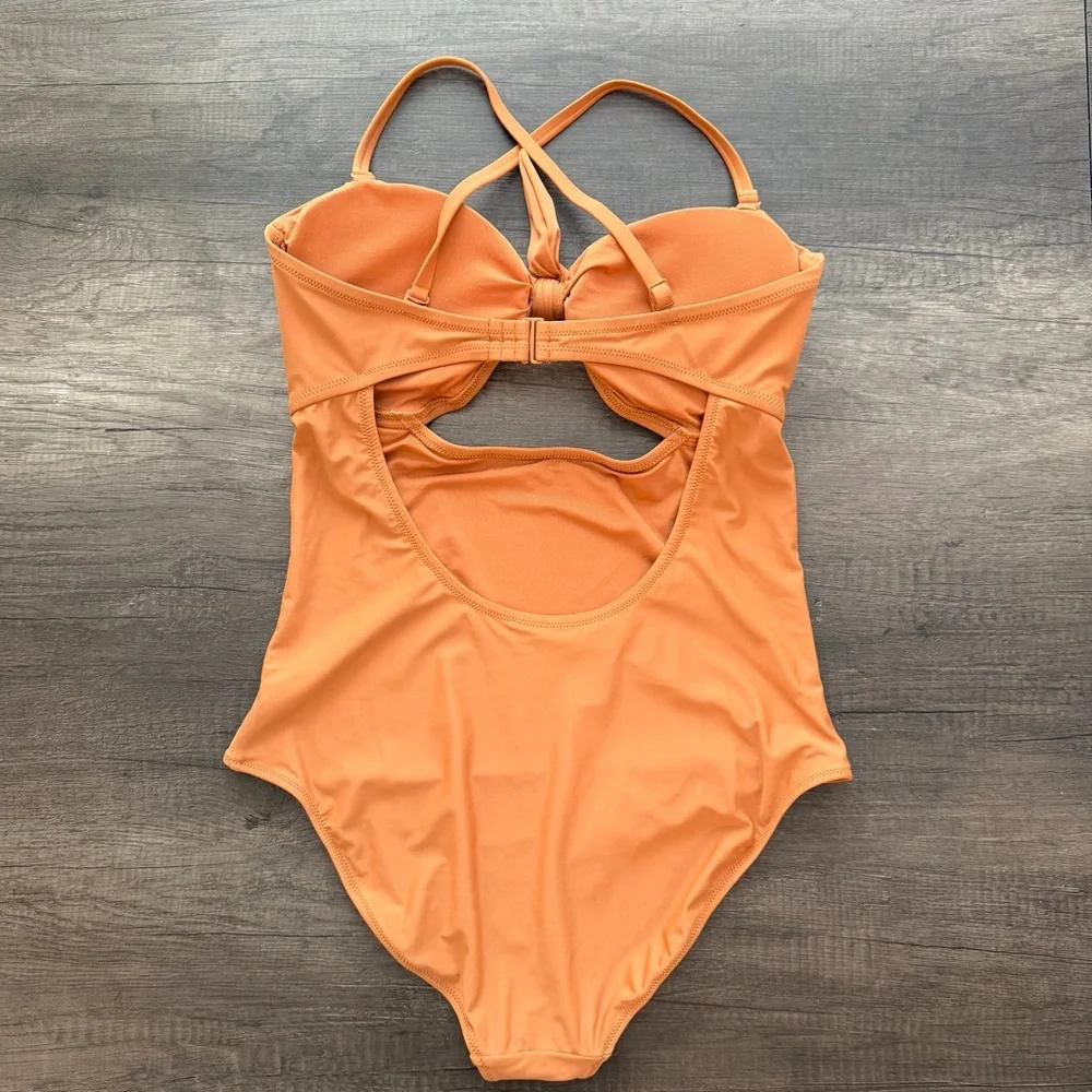 Aerie One-Piece Swimsuit Warm Rust Orange Tie Front Size Large - Picture 3 of 5